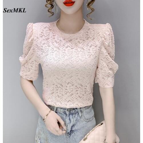 White Lace Puff Sleeve Top Women 2021 Fashion Casual Hollow Out Summer Blouses Korean Clothe Elegant Slim Sexy Pink Blusas Mujer