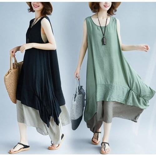 Film splicing dress female new summer fat mm loose big yards sleeveless splicing sundress (limited)