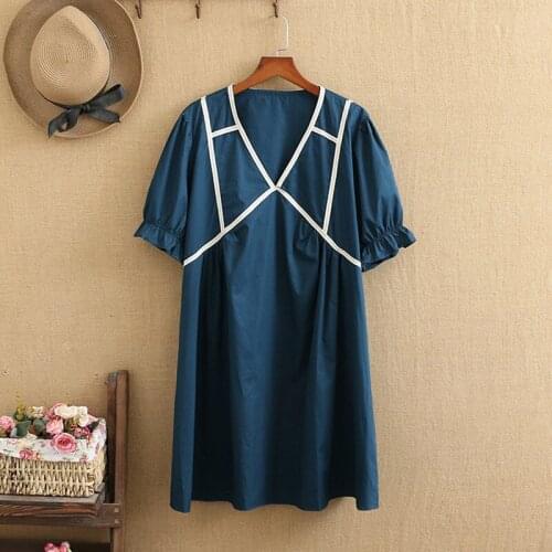 Plus Size Dresses For Women 2XL 3XL 4XL Short Sleeves V-Neck White Stitching Medium And Long Solid Dress Fatwomen For Summer