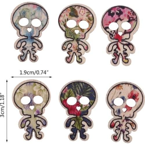 50 Pcs Human Skull Painted Buttons 2 Holes Wooden Buttons for Crafting Sewing 85AC