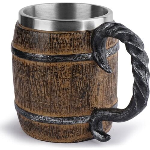 Wood Style Beer Mug 450ml Christmas Gift Simulation Wooden Barrel Beer Cup Double Wall Drinking Mug Metal Insulated Drinking Cup