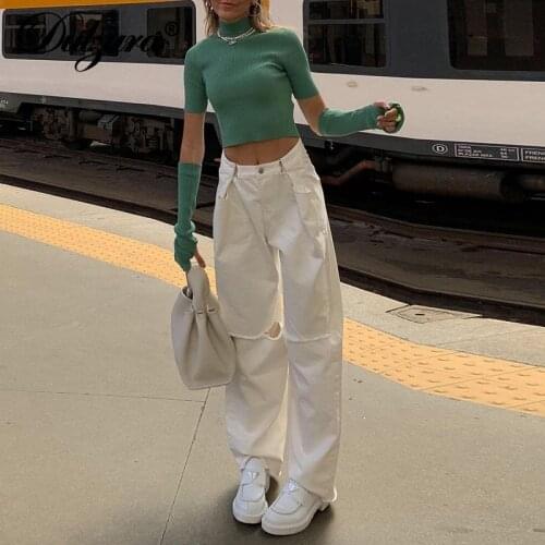 Dulzura 2021 Summer Women White High Waist Ripped Jeans Loose Straight Patchwork Streetwear Casual Trousers Fashion