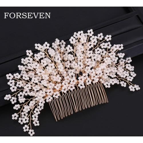 Full Pearl Bridal Hair Combs Wedding Hair Accessories Floral and Pearl Hair Comb For Women Bride Hair Ornaments Golden Headpiece