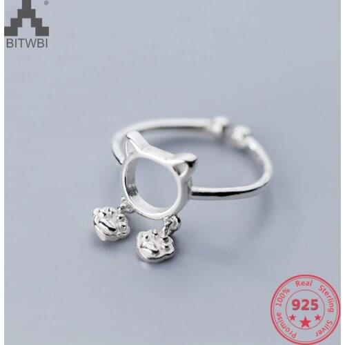 925 Sterling Silver Japan Korea Style Fashion Cute Delicate Cat Head Open Ring Women Jewelry Wholesale