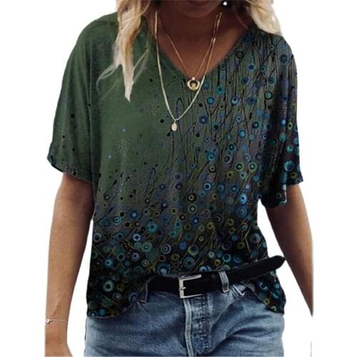 Fashion Floral Print Women T-Shirts Summer Beach Casual Loose Tee Short Sleeve Vintage Tops Big Size Lady V-Neck T-Shirt 5XL Top
