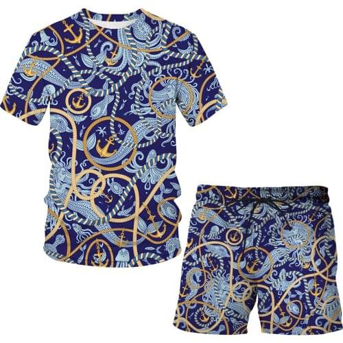 2021 New Iron chain 3D Printing Luxury Short-sleeved Suit Man / Woman Summer Casual Clothes T-shirt + shorts 2-piece T-shirt