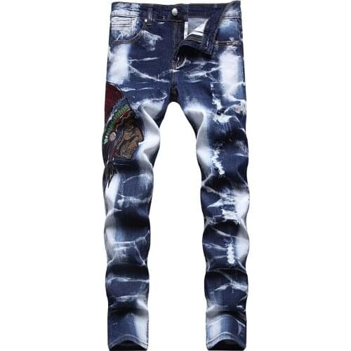 New Fashion Mens Korean Embroidery Slim Straight Stretch Denim Jeans Streetwear Tie and Dye Holes Ripped Pants Trousers 7135