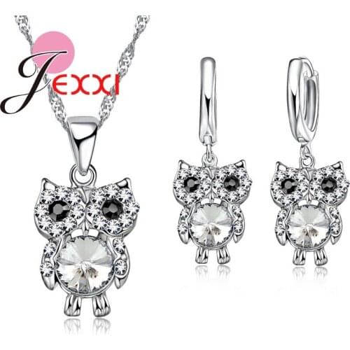 African AAA Crystal Beads Drop Owl Necklace Earrings 925 Sterling Silver Lovely Animal Jewelry Sets Birthday Party Gift Collar