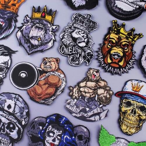 Bear Patch Embroidered Patches For Clothing King Lion Anime Patch Iron On Patches On Clothes Zombie Bride Punk Stickers Stripe