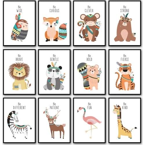 Nordic Baby kids Room Poster Deer Fox Bear Zebra Panda Owl Lion Nursery Wall Art Canvas Painting Boho Decor Pictures Bedroom Art