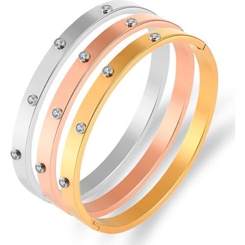 Simple Round Crystals Bracelets & Bangles Stainless Steel Cubic Zirconia Gold Bracelet for Women Statement Jewelry Lover Gift