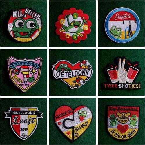 Cartoon Frog Iron on Patches For Clothing Oeteldonk Emblem Frog Carnival for Netherland Embroidered Badges Patches Stripes DIY