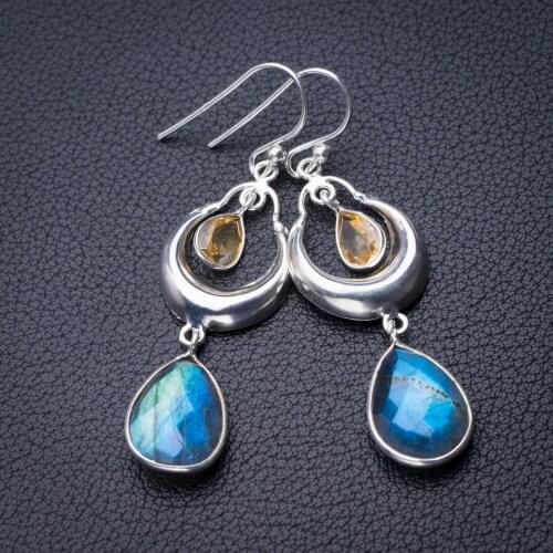 StarGems Natural Blue Fire Labradorite And Citrine Handmade 925 Sterling Silver Earrings 2" D6630