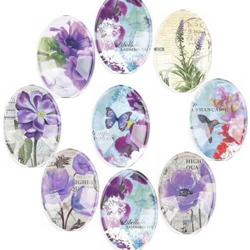 Handmade Glass Mix Size Butterfly Purple Flower Oval Flatback Cameo Cabochon Domed DIY Jewelry Charm Photo Pendant Setting