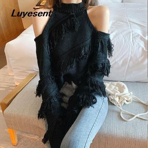 Lady Elegant Vintage Pullover Sweater Women Off Shoulder Tassel O Neck Knitted Full Sleeve Pull Sweaters Korean Fashion Clothes