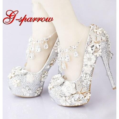 Luxurious Silver Rhinestone Wedding Bridal Shoes Crystal Ankle Straps Anniversary Party High Heel Shoes Handmade 5 Inches Pumps