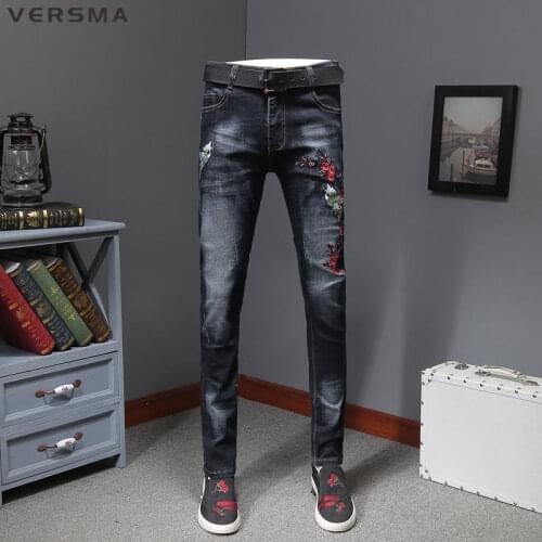 VERSMA Vintage Embroiderey Ripped Denim Biker Jeans Pants Male Slim Fit Straight Jogger Stretch Skinny Jeans Trousers Men Women