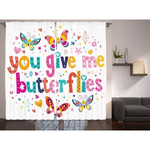 Butterfly Quote Curtains Romantic Colorful Saying Art Satin Fabric Drapes for Living Room Bedroom 2 Panel Window Set
