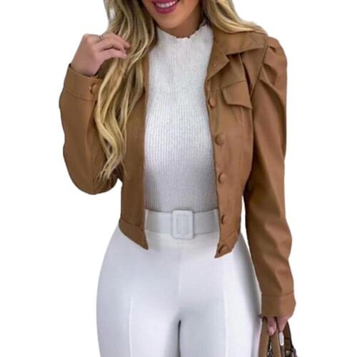 Women Jacket Fashion Faux Leather Long Sleeve Buttons Jacket Coat Short Slim Outerwear