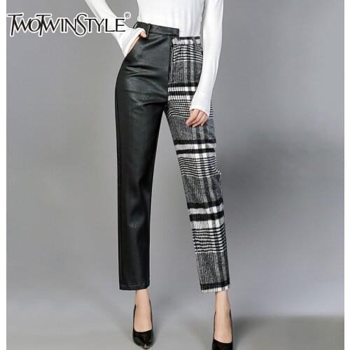 TWOTWINSTYLE PU Trousers For Women High Waist Hit Colors Asymmetrical Patchwork Ankle Length Wool Pants Female 2020 Spring New