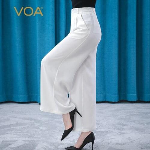 VOA Heavy Silk White Natural Waist xie cha Pocket Crisp Skin Wild Thin Wide-Leg Pants K91