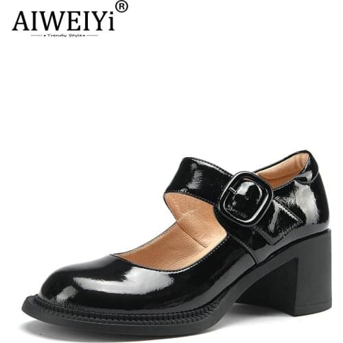 AIWEIYi Patent Leather Shoes Women Spring Shallow Mouth Thick Heel Leather Shoes Round Toe High Heels Mary Jane Women Shoes