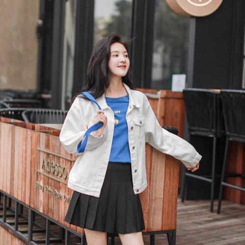 Women Sweet White Denim Jackets Purple Casual Female Preppy Style Short Jean Jacket Ladies Spring Autumn Long Sleeve Denim Coat