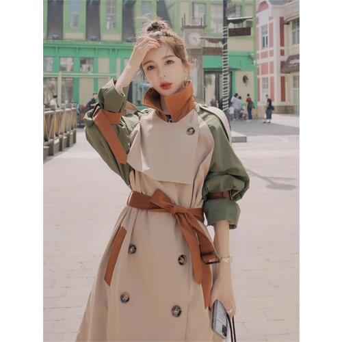 Color Matching Windbreaker British Style Popular Womens Trench Long Coat Autumn New Mid-length Korean Loose Chic Outerwear y139