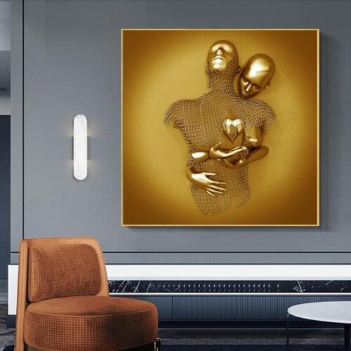 Golden Romantic Lovers Posters and Prints Metal Figure Statue Art Canvas Painting Wall Art Pictures Modern Living Room Decor