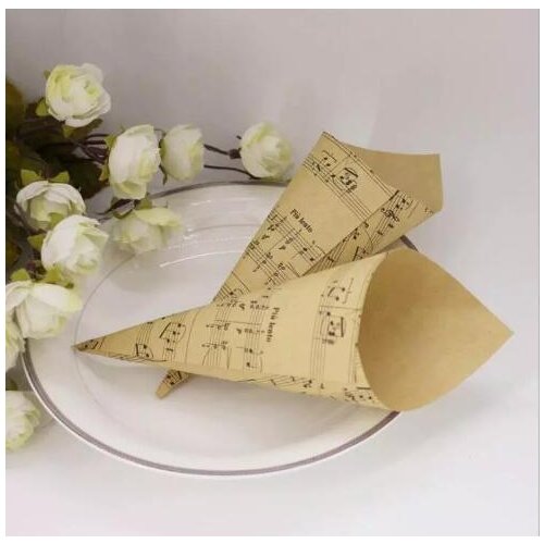 100pcs Creative Brown Musical Notes Kraft Paper Flower Cones Candy Boxes Ice Cream Cones Party Gift Box Wedding Favors Decor
