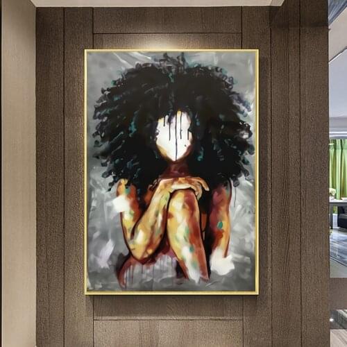 Abstract African Black Woman Fluffy Hair Canvas Painting Posters and Print Wall Art Picture Cuadros for Living Room Decor