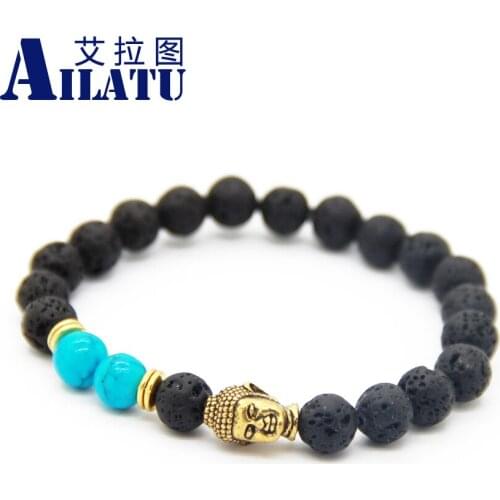 Ailatu Fashion Mens Beaded Streach Buddha Bracelet Black Lava Stone Beads Jewelry Masculinas Hombre Bracciali