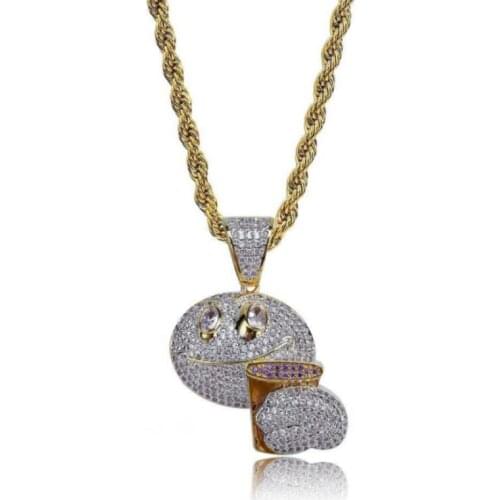 Round Face Holding Coffee Cup Pendant Micro-Inlaid Zircon Hip Hop Hipster Street Pendant Necklaces for Couple Jewelry