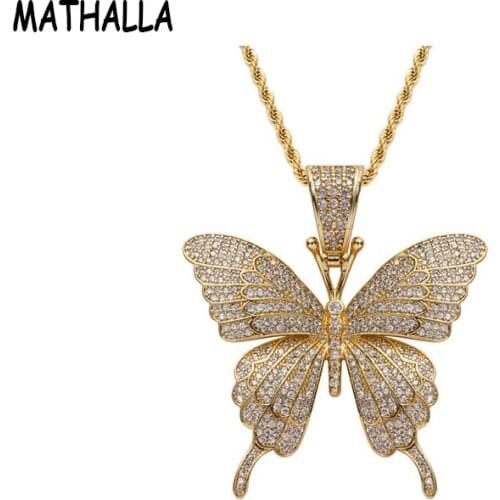 MATHALLA Fashion Iced Out Butterfly Pendant Necklaces Micro Pave AAA Cubic Zircon Charm Hip Hop Necklace for Gifts