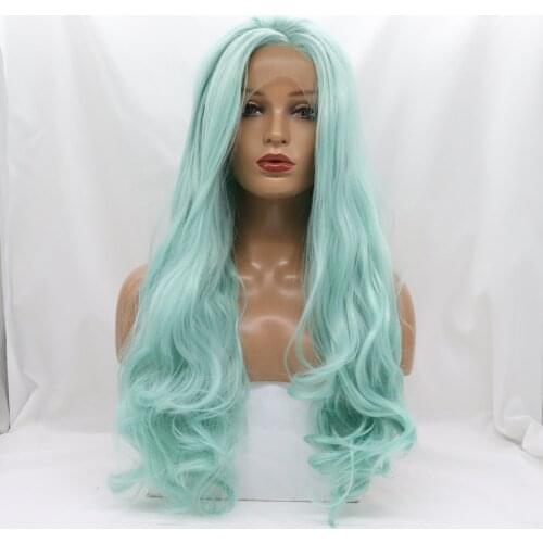 Light Mint Green Long Body Wave Lace Front Wig with Side Part 24 Inches Heat Resistant Fiber Daily Wear Wigs For Women