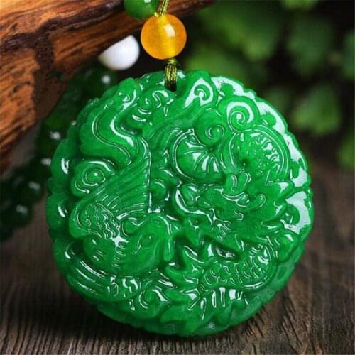 Natural Green Jade Dragon Phoenix Pendant jadeite Necklace Charm Jewellery Fashion Accessories Hand-Carved Luck Amulet Gifts