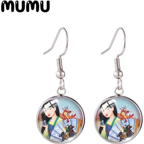 2021 New Mulan Fish Hook Earring Princess Photo Round Jewelry Glass Dome Earrings Gifts Girl
