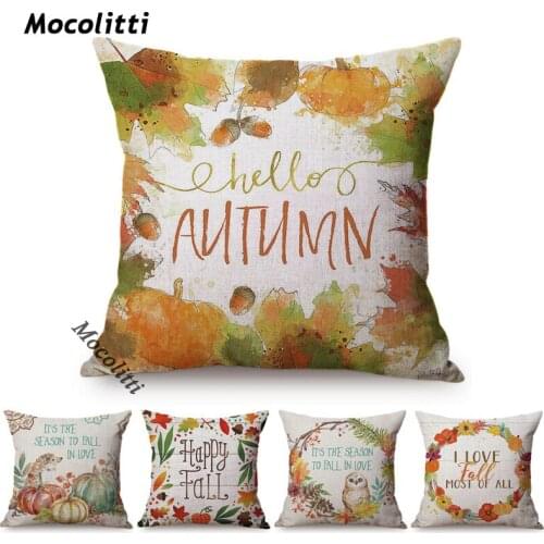 Autumn Harvest Thanksgiving Home Decor Sofa Pillow Cover Watercolor Letter Yellow Maple Leaf Pumpkin Linen Print Cushions Cover