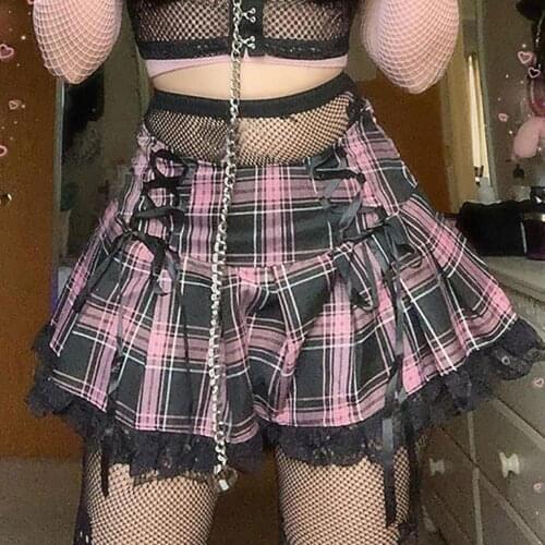 Sexy Women Mid Rise Plaid Lace Trim Tie Up Pleated Zipper Cosplay Mini Skirt