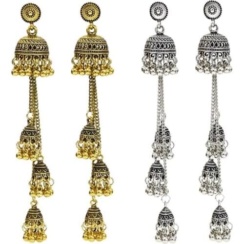 Vintage Womens India Geometric Long Chain Tassel Hanging Dangle Drop Earrings Tibetan Jewelry Bohemia Bell Jhumka Earrings