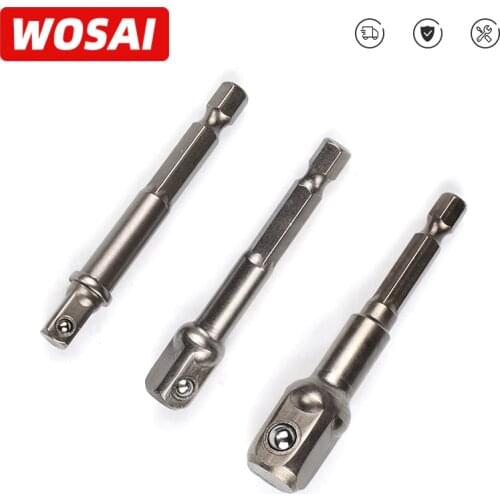 WOSAI 3pcs/set Chrome Vanadium Steel Socket Adapter Hex Shank to 1/4" 3/8" 1/2" Extension Drill Bits Bar Hex Bit Set Power Tools