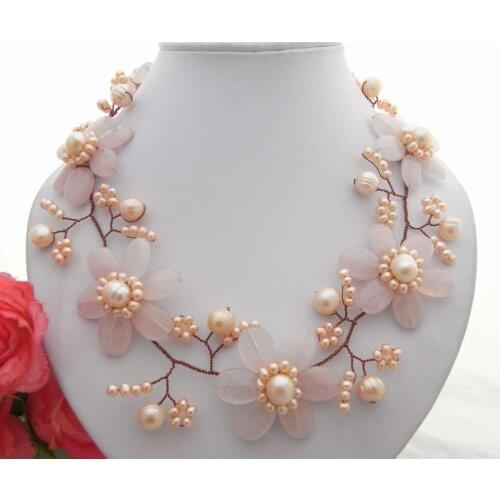 Y·YING Freshwater Pink Pearl Rose Quartzs Flower wrap Necklace