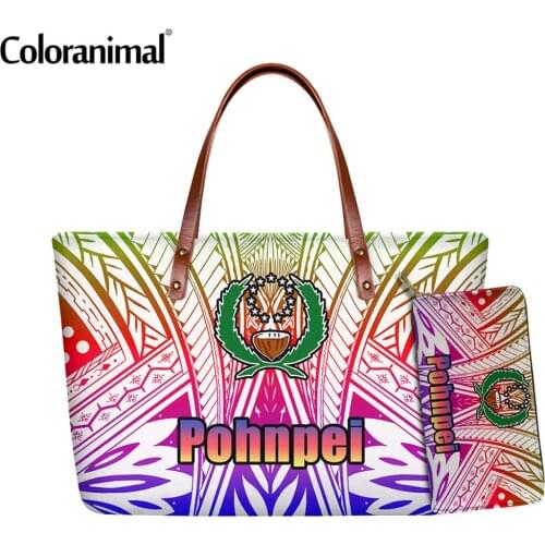 Coloranimal Gradient Color Pohnpei Polynesian Printed Shoulder Bag for Women 2Pcs/Set Handbag&Wallet Femme Large Tote Bag 2021