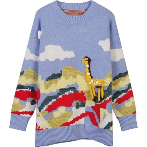 Women Sweater Pullovers 2021 Autumn Winter Cartoon Animal Embroidery Loose Kint Tops O-Neck Jumper Jersey Casual Streetwear ins