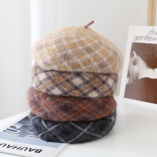 New Rabbit Fur Knitted Plaid Retro Lattice Beret Boina Feminina Fall Winter Korean Fashion Warm Painter Hat Women Camouflage