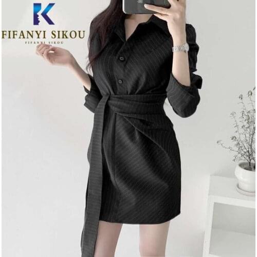 Black Striped Women Shirt Dress Fashion Lace up Lapel Long sleeves High waist Mini Dress Elegant Slim Lady Party Dress 2020 New
