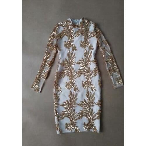 2017 New Women Spring Summer Long Sleeves High Neck Gold Sequins Embellished Slim Elegant Evening Party Bandage Dress Hot Sale