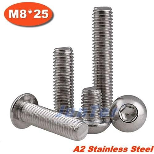 100pcs/lot ISO7380 M8*25 Stainless Steel A2 Hexagon Socket Button Head Screws