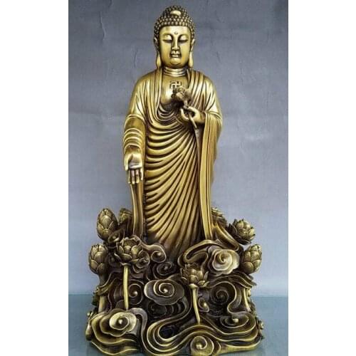 15"Tibet Buddhism Pure Bronze Stand Sakyamuni Shakyamuni Buddha Statue
