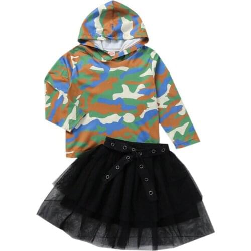 2pcs Kid Girls Casual Printed Pattern Hooded Pullover Tops Yarn Skirt Autumn Spring Child Girl Set